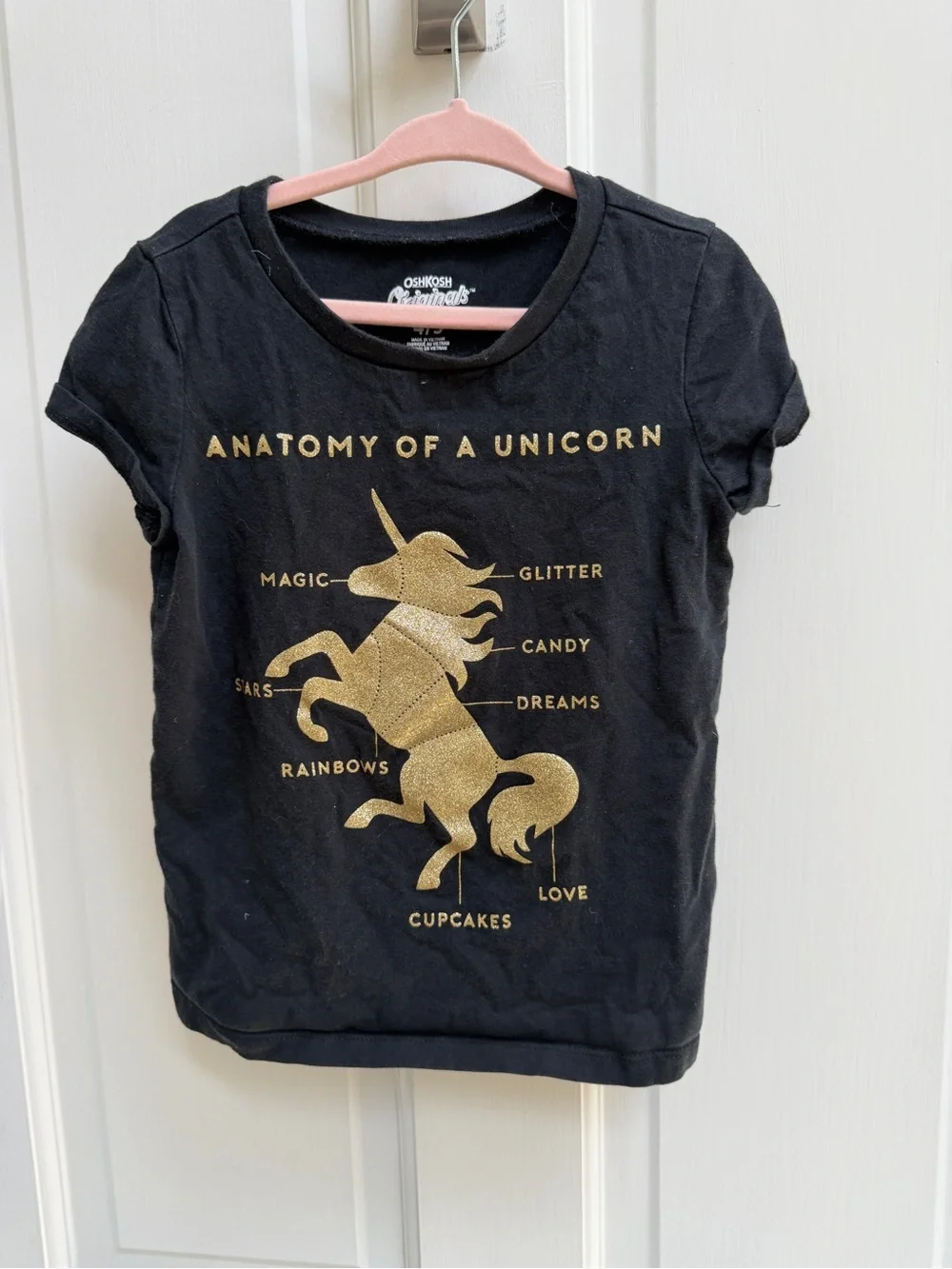 OshKosh B'gosh Girls 4 5 Black Gold Unicorn Short Sleeve Shirt Top Blouse